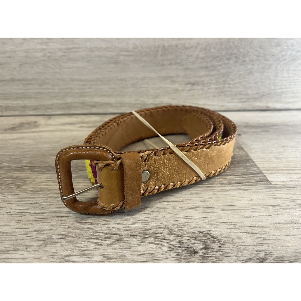 Vintage‎ Leather Hand Made Belt Woven Colorful Buckle Size 32 Womens